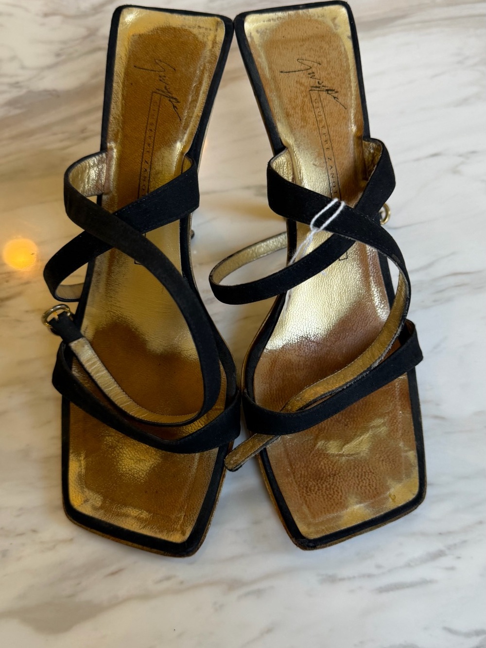 Giuseppe Zanotti Black Strappy Square-Toe Sandals with Gold Insole